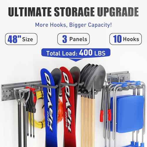 Garage Tool Organizer Wall Mount 48 inches with 10 Adjustable Heavy-Duty Hooks, Garage Organization, Garden Tool Storage Rack, Yard, and Shed, Holds Up to 400 lbs (Grey)