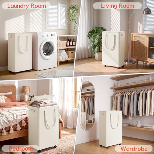 Vincona 75L Slim Rolling Laundry Hamper with Lid, Beige, 26.8" Tall, 4-Wheel Foldable
