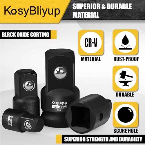 5 Piece Impact Socket Adapter Set,Standard SAE,1/4" 3/8" 1/2"Square Adapter and Reducer Conversion Set For Impact Driver Conversions,CR-V Steel