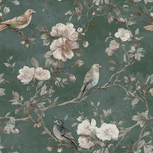 Green Bird Peel and Stick Wallpaper Vintage Floral Contact Paper 16.9inchx118.1inch Bird Floral Wall Paper Boho Self Adhesive Removable Wallpaper for Bedroom Bathroom Cabinet Decor Vinyl