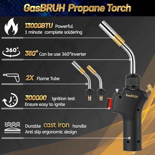 Propane torch Head with Igniter, High Intensity Torch Head with 2 Flame Tubes, Trigger Start Gas Torch, Mapp Gas Torch Head,Gas Torch Kit,Soldering Torch,Blow Torch Fuel by Propane,MAPP
