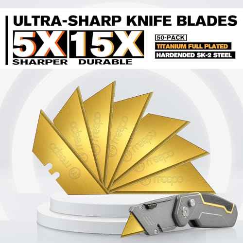 50-Pack Utility Knife Blades, Titanium Fully Plated, Durable SK-2 Razor Blades for Utility Knife Box Cutter, Never Rust, Extra Durable