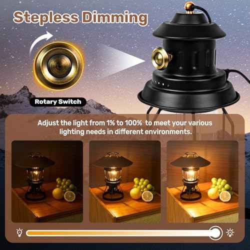 Metal LED Retro Camping Lantern, 2-in-1 Hanging/Standing, Dimmable, 3500mAh Rechargeable, Water Resistant, Brown