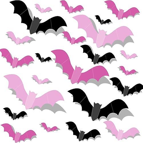 Pink Halloween Bat Wall Decor - 48pcs Waterproof Pastel Bats for Indoor Outdoor Halloween Party