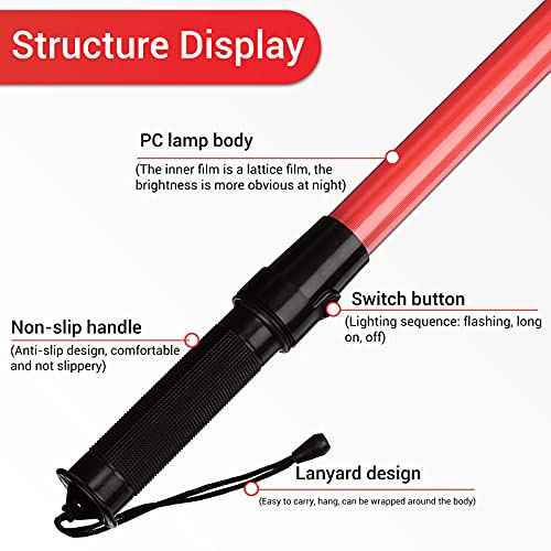 TOODOO 4 Pack Traffic Wands 21 Inch LED Traffic Control Baton Lighted Safety Wands with 2 Flashing Modes Signal Baton Light with Wrist Strap Lanyard Side Clip for Air Marshalling Car Parking Guides