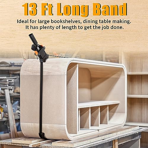 Feekoon 1 Pack 13 FT Belt Band Strap Clamps for Woodworking, Quick Release Band Clamps with 4 Corner Claws, Thick and Sturdy Belt Clamp, Adjustable Picture Frame Clamp Tool