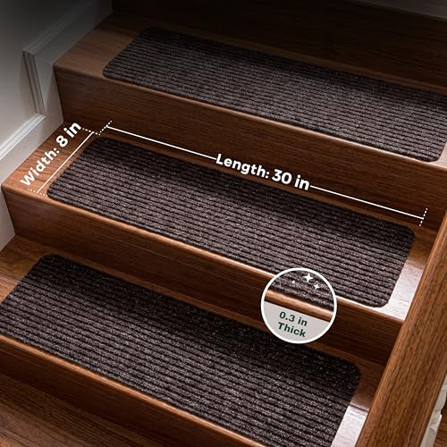 MBIGM Brown Stripe Carpet Stair Treads - 15 Pack, 8x30 Inches, Non-Slip Safety Step Covers