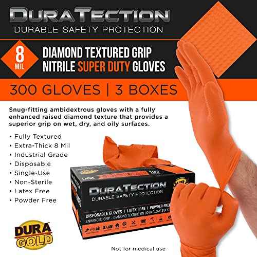 Dura-Gold Duratection 8 Mil Orange Super Duty Diamond Textured Nitrile Disposable Gloves, 3 Boxes of 100, Large - Latex Free, Powder Free, Food Safe, Safety Protection Work Gloves, Industrial