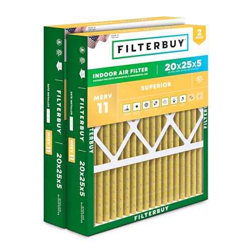 Filterbuy 20x25x5 Air Filter MERV 11 (MPR 1200) Allergen Defense (2-Pack), Pleated HVAC AC Furnace Filters for Honeywell FC100A1037, Lennox X6673, Carrier, & More (Actual Size: 19.88 x 24.75 x 4.38)