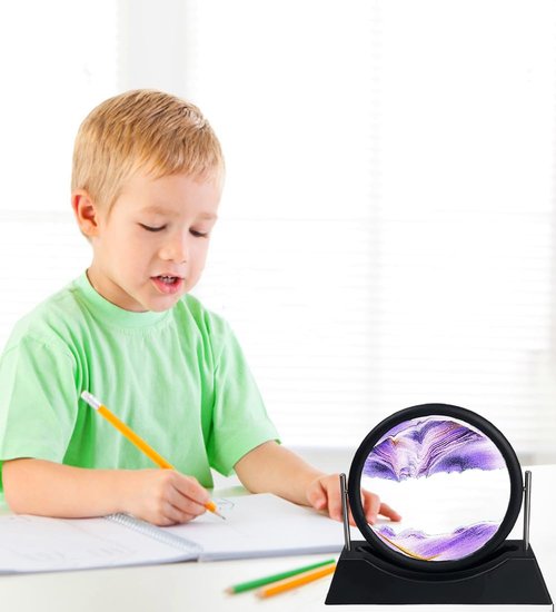 Oneshow Moving Sand Art Picture Flowing Sand Painting 3D Deep Sea Sandscape Liquid Motion Display 360° Rotation Round Glass Frame Relaxing Desktop Home Office Decor for Adult Desk Art (Purple)
