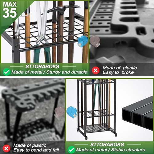 Sttoraboks Heavy Duty Steel Garden & Garage Tool Organizer Rack - 35 Slots, Broom & Mop Holder, Durable Storage for Lawn, Garden & Cleaning Tools