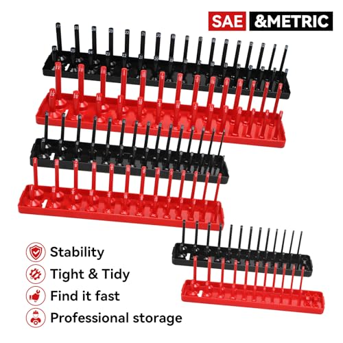 6PCS Socket Organizer Tray Set, Red SAE & Black Metric Socket Storage Trays, 1/4-Inch, 3/8-Inch & 1/2-Inch Drive Deep and Shallow Socket Holders for Toolboxes