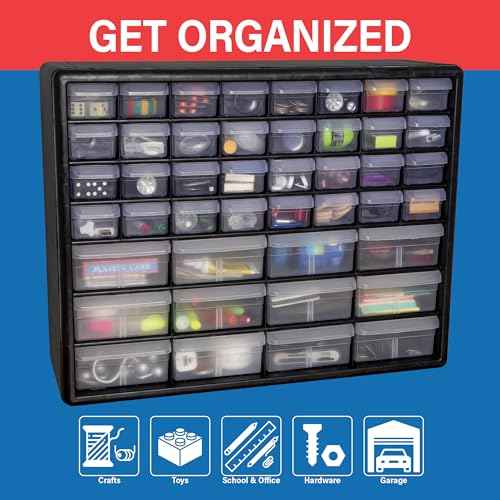 Akro-Mils 44-Drawer Plastic Drawer Storage Cabinet for Garage Organization, Bead Organizer, Building Bricks Storage, Teacher Toolbox, Makeup Organizer, 20" W x 6" D x 16" H, 10144 Black