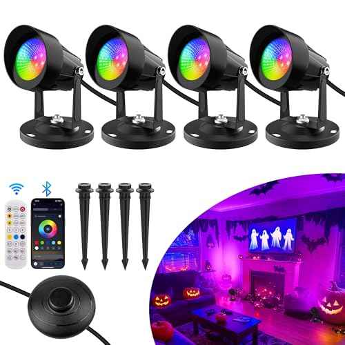 T-SUN Smart RGBW Spotlights Indoor Uplights, Halloween Spotlights with App & Remote, Music Sync, 16M Colors, Timer, Dimmable, Waterproof Floor Spotlight for Plants Home Party Stage Decor, Set of 4
