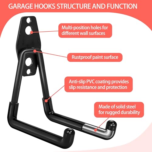 Kodreat 18 Pack Heavy Duty Garage Hooks with Anti-Slip Coating - Black, Wall Mount Storage
