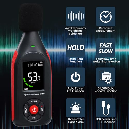 Landtek Decibel Meter with Data Logging and 3-Color Alarm Display