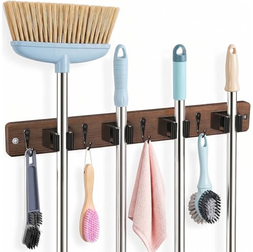 AceMining 1 Pack Wall Mount Broom Holder with 4 Hooks - Brown