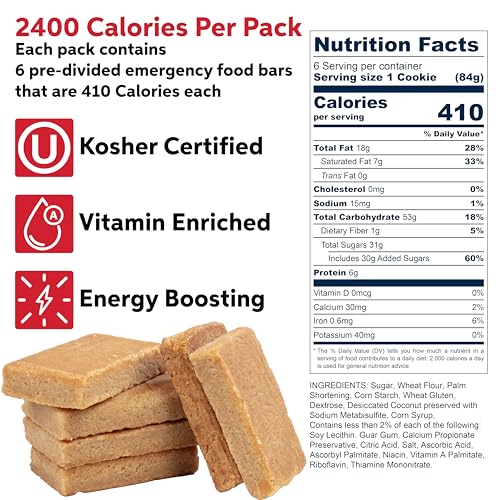 SOS Emergency Food Bars Shortbread Cookie 2-Day Supply - 6 Pack, 2400 Calorie Survival Rations