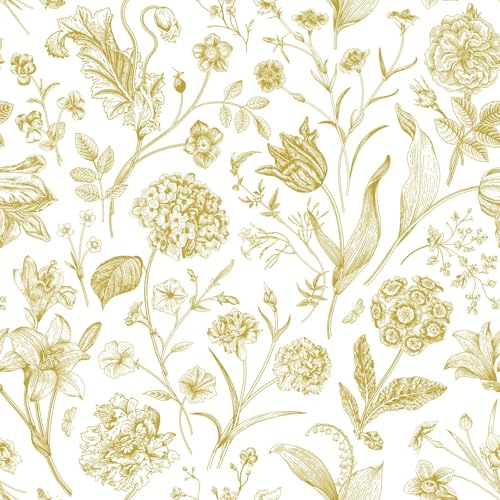 Floral Peel and Stick Wallpaper White and Gold Contact Paper 16.9inch x 118.1inch Boho Wall Paper Peel and Stick Flower Self Adhesive Wallpaper Removable Gold Floral Furniture Decorative Vinyl