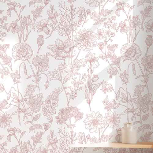 Peel and Stick Wallpaper Pink Floral Wall Paper Pink and White Contact Paper Removable Waterproof Flowers Wallpaper for Bedroom Bathroom Cabinets Vinyl 17.3" x 78.7"
