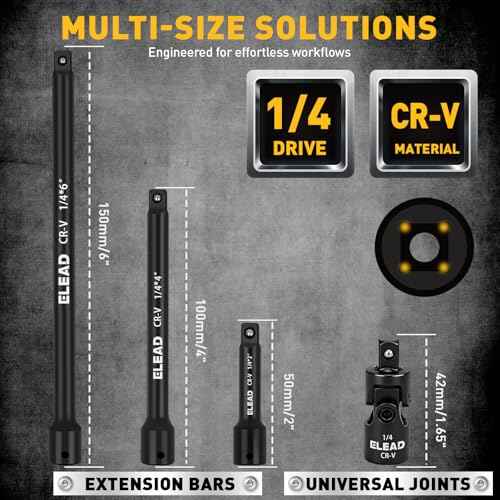 4-Piece 1/4" Drive Socket Extension Bar Set, 2, 4, 6 inch Professional Extension Set, 1/4 Inch Drive Universal Joint Socket, Premium Cr-V Steel Sockets Wrench Extender