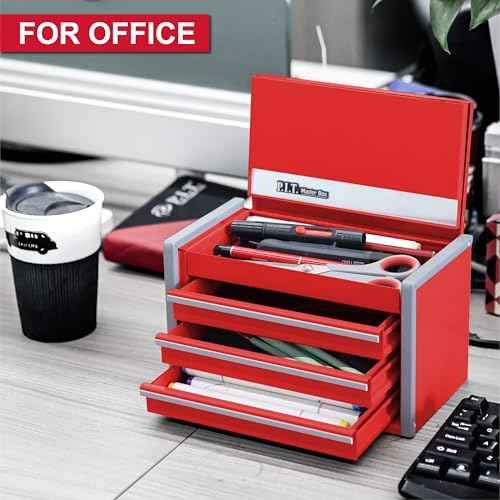 P.I.T. Mini Red Tool Box, Portable 3 Drawer Steel Stackable Tool Box with Magnetic Tab Locking, Red Micro Top Chest with Liner for Tools Storage and Organizers, Home DIY