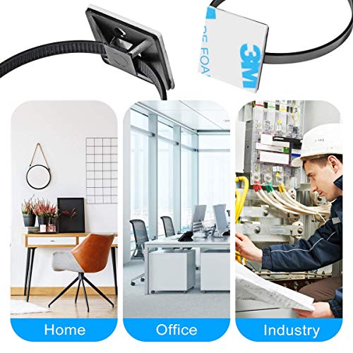 XHF 100pcs Self-Adhesive Black Cable Zip Tie Mounts with 8-Inch Ties & Screws – Outdoor UV Protection