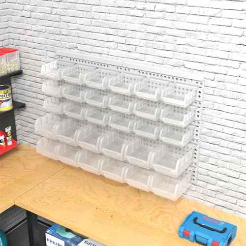 Transparent Garage Organizer Bins, 30PCS Wall Mounted Storage Small Parts Bins With White Pegboard to Store Nuts,Bolts, Screws, Nails