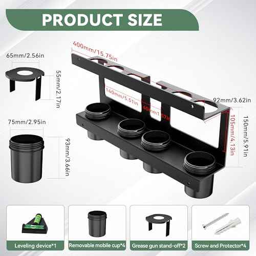 Grease Gun Holder,Grease Gun Rack Wall Mount Compatible with 2 Grease Guns,Grease Gun Storage with Removable Drip Cups &Spare Grease Tube Holder for Workshop, Garage