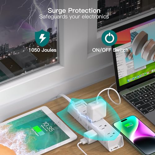 Addtam White Ultra Thin Flat Power Strip with 12 Outlets, 5 Ft Extension Cord