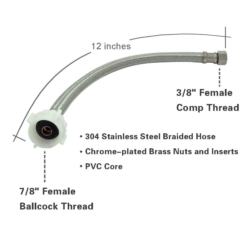 Toilet Connector Water Line Kit with 12" Length Long 3/8" COMP x 7/8" BC Toilet Connector Hose, 1/2 inch NOM Inlet x 3/8 inch OD Compression Outlet Angle Shut Off and Escutcheon Plate