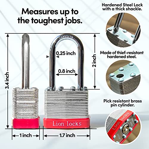 Lion Locks 24-Keyed Alike Padlocks with 2-inch Long Shackle - Outdoor & Indoor Security, Hardened Steel, Pick-Resistant Brass Cylinder, 48 Keys - Long Shackle 24-Pack