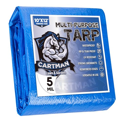CARTMAN 10x12 Ft Blue Waterproof Poly Tarp Cover - Multipurpose Weatherproof Shelter