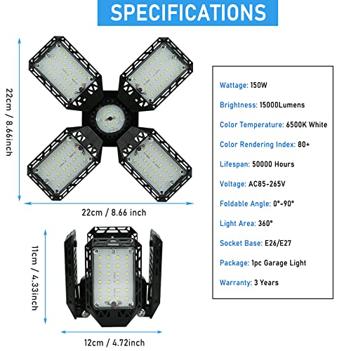 QiyuanLS 150W Deformable LED Garage Ceiling Light 4+1 Pack - 15000LM E26/E27