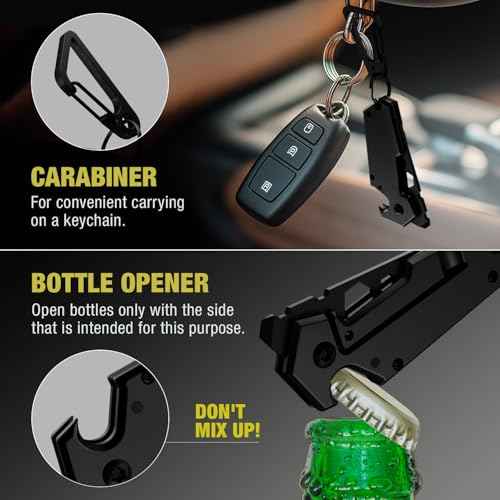 Mini Keychain Knife with Carabiner - 1.3" Tanto Serrated Blade - 6 in 1 Black Multitool - Bottle Opener Box Cutter Liner Lock - EDC Gadgets - Legal Folding Small Pocket Knives for Men Women Gifts 2248