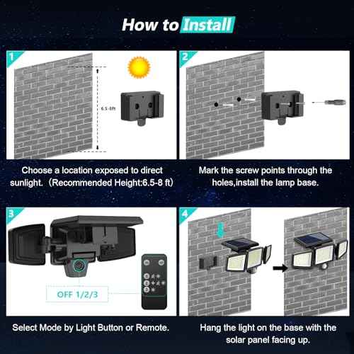 Tuffenough Solar Outdoor Lights 2500LM 210 LED Security Lights with Remote Control,3 Heads Motion Sensor Lights, IP65 Waterproof,270¡Æ Wide Angle Flood Wall Lights with 3 Modes(2 Packs)