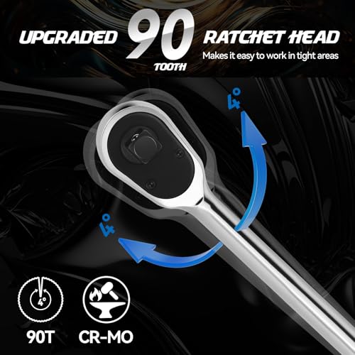 DISEN 1/4" Drive Ratchet,90-Tooth Ratchet Wrench with 7" Handle and Dust Proof Teardrop Enclosed Head, Reversible, CR-V Steel Made, CR-MO Head, Full Polished, Gifts for Men