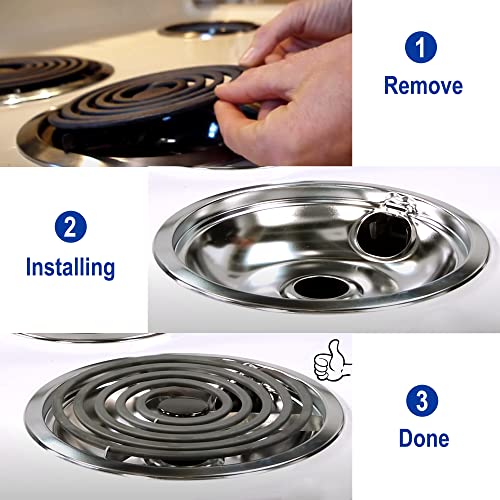 Mejiao 4 Pack 6" & 8" Electric Stove Burner Drip Pans - Chrome Replacement for Whirlpool W10278125 W10196405/06 (Drip Pan New Variant)