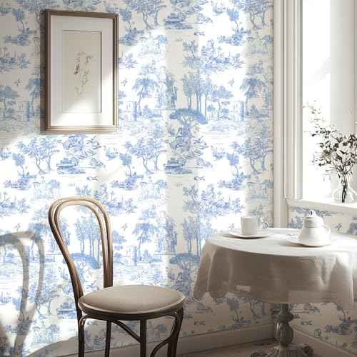 WENMER Toile Wallpaper, 17.7" X 118" Blue and White Peel and Stick Wallpaper, Toile de Jouy Wall Paper, French Vintage Contact Paper for Bedroom, Walls, Backdrop, Cabinet, Home Decor