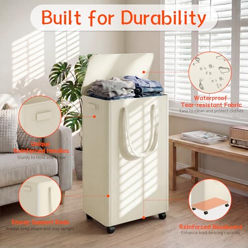 Vincona 75L Slim Rolling Laundry Hamper with Lid, Beige, 26.8" Tall, 4-Wheel Foldable