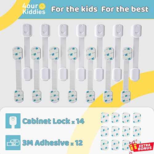4our Kiddies Child Proof Cabinet Locks for Baby Proofing, 14 Pack Baby Proof Drawer Locks for Kids, Child Safety, Adjustable Child Locks for Cabinet and Drawers with 12 Extra 3M Adhesives, No Drilling