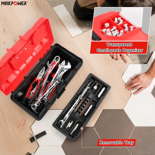MAXPOWER 14-Inch Small Tool Box with Handle, Red Plastic Toolbox
