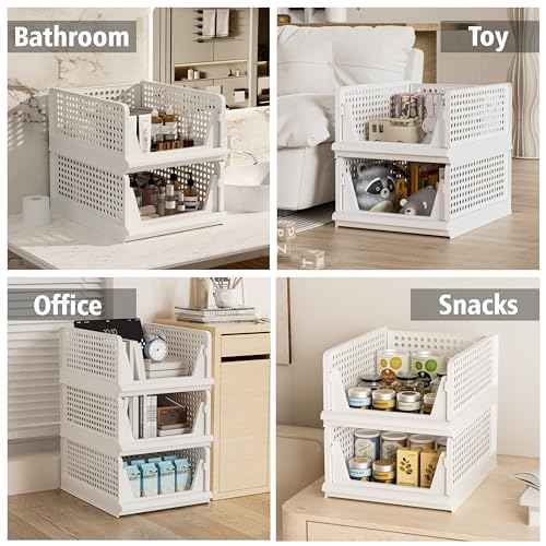 Proarea Stackable Plastic Storage Basket Closet Organizer Bin Foldable Clothes Organizer Storage Drawer Shelf Container for Living Room Bathroom Kitchen Office Laundry Room