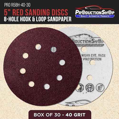 Premium 5" Red 8-Hole Pattern 40 Grit Sanding Discs, Box of 30 - Dustless Hook & Loop Backing Sandpaper for Random Orbital Sanders, Coarse-Cut Abrasive - Woodworking, Sand Auto Paint