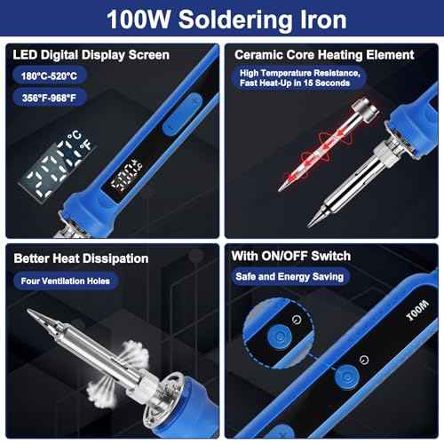 100W Soldering Iron Kit,Adjustable Temperature 180-520¡É Solder Iron,16 In 1 Soldering Iron Kit with 5 Solder Tips,Multimeter,Desoldering Pump,Stand,Tweezers