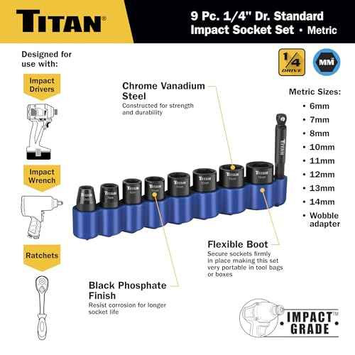Titan 46201 9-Piece 1/4-Inch Drive Metric Shallow Impact Socket Set, 6-Point, Metric Sizes 6 to 14mm