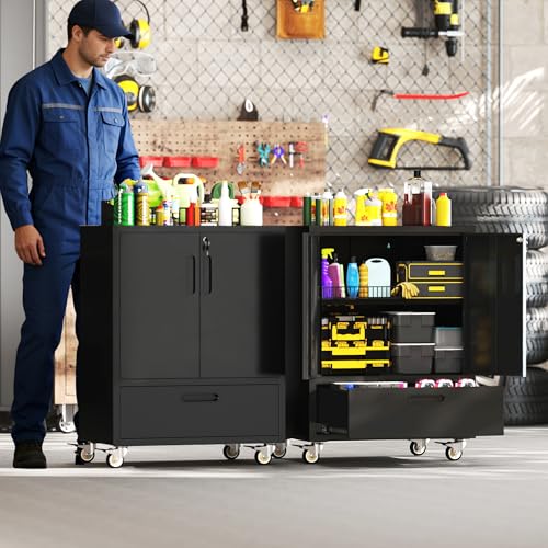 EKJ Metal Garage Tool Cabinet on Wheels - Lockable Rolling 2 Doors, 1 Drawer, 20" Deep