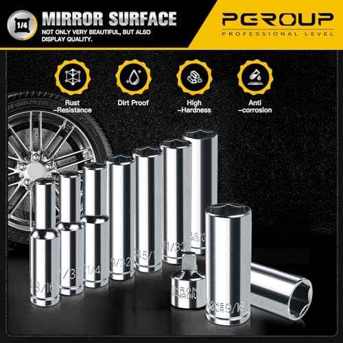 1/4¡± Drive SAE Socket Set, 11PCS Deep Hex Socket Set (3/16¡±-9/16¡±), Cover Most Commonly Sizes, Chrome Vanadium Steel with 3/8¡±F to 1/4¡±M Socket Adapter