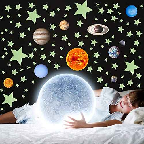 Glow in The Dark Stars and Planets Solar System Wall Decals, 110PCS Glowing Ceiling Spaceship Stars Wall Stickers, Best Gift for Kids Bedding Room Nursery Home Decoration Party Birthday(Small Size)