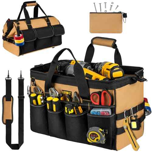 Tool Bag,16-Inch Heavy Duty Tool Bags for Men,27 Pockets Tool Box Organizer Storage,Wide Mouth Toolbag Tools Tote Carrying Case for Dad,Mechanic,Electrician,Black+Brown,Bag Only
